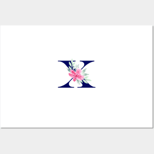 Watercolor Floral Letter X in Navy Posters and Art